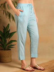 Women Blue Linen Blend Floral Woven Design Straight Kurta Trousers With Dupatta-PKSKD2649