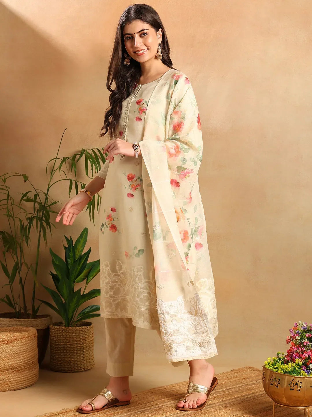 Cream Linen Kurta Set with Dupatta | Women's Indian Kurta Sets