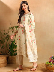 Women Cream Linen Blend Floral Woven Design Straight Kurta Trousers With Dupatta-PKSKD2651