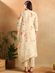 Women Cream Linen Blend Floral Woven Design Straight Kurta Trousers With Dupatta-PKSKD2651