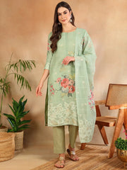 Women Green Linen Blend Floral Woven Design Straight Kurta Trouser With Dupatta-PKSKD2652