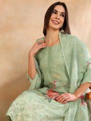 Women Green Linen Blend Floral Woven Design Straight Kurta Trouser With Dupatta-PKSKD2652