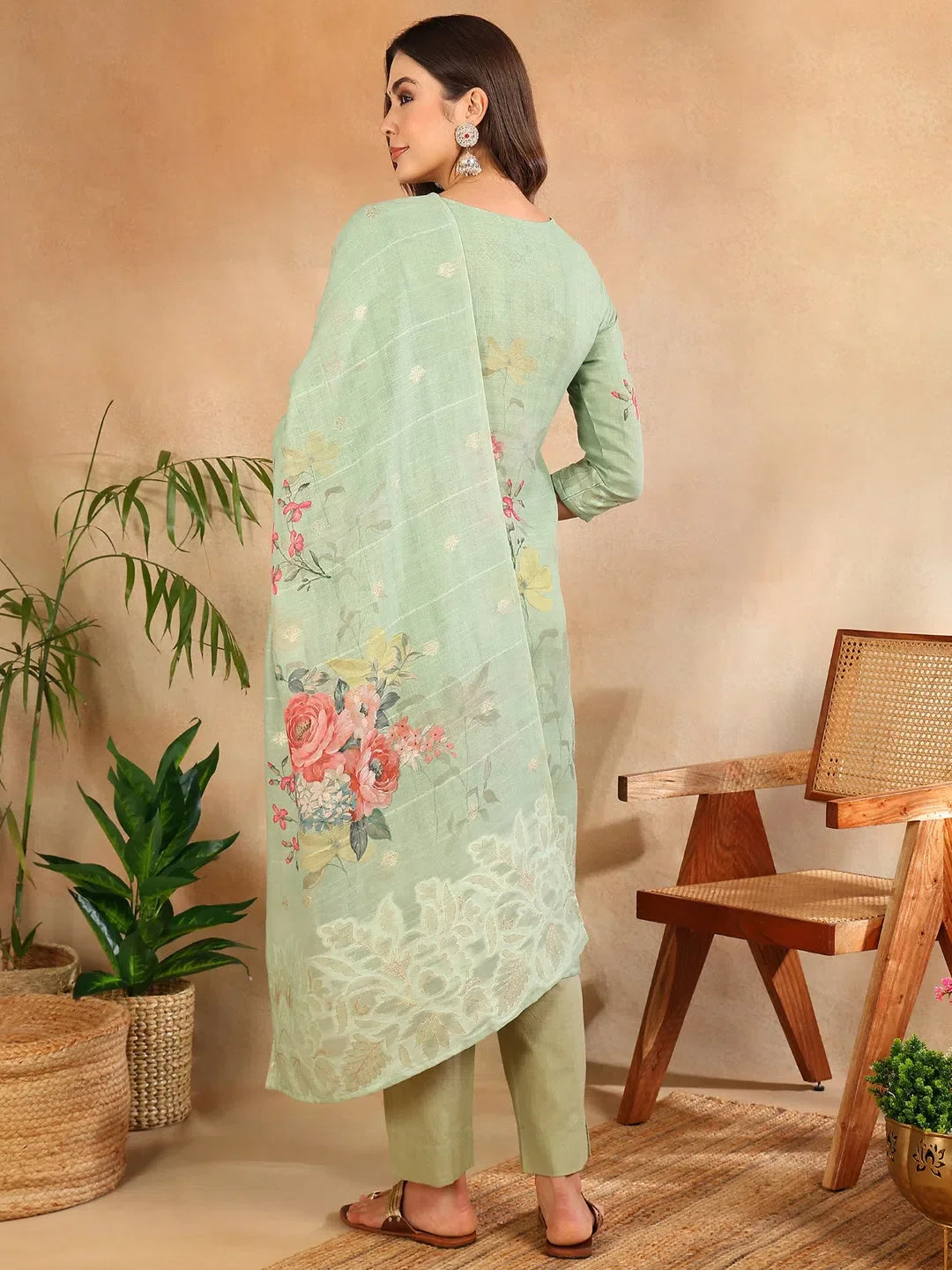 Green Floral Linen Women's Kurta Set with Dupatta | Indian Sets