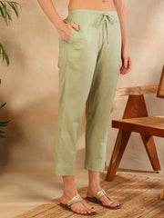 Women Green Linen Blend Floral Woven Design Straight Kurta Trouser With Dupatta-PKSKD2652