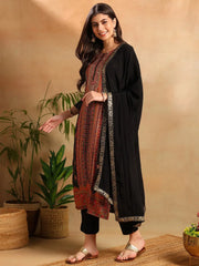 Women Black Chanderi Ethnic Motifs Woven Design Straight Kurta Trousers With Dupatta-PKSKD2657