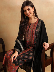 Women Black Chanderi Ethnic Motifs Woven Design Straight Kurta Trousers With Dupatta-PKSKD2657