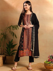 Women Black Chanderi Ethnic Motifs Woven Design Straight Kurta Trousers With Dupatta-PKSKD2657