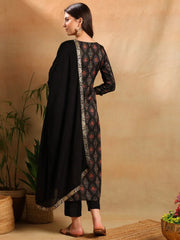 Women Black Chanderi Ethnic Motifs Woven Design Straight Kurta Trousers With Dupatta-PKSKD2657