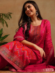 Women Pink Silk Ethnic Motifs Woven Design Straight Kurta Trousers With Dupatta-PKSKD2658