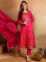 Women Pink Silk Ethnic Motifs Woven Design Straight Kurta Trousers With Dupatta-PKSKD2658