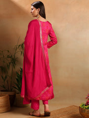 Women Pink Silk Ethnic Motifs Woven Design Straight Kurta Trousers With Dupatta-PKSKD2658