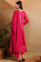 Pink Silk Ethnic Motifs Woven Design Straight Kurta Trousers With Dupatta PKSKD2658
