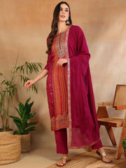 Women Purple Silk Ethnic Motifs Woven Design Straight Kurta Trouser With Dupatta-PKSKD2660