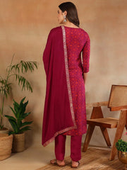 Women Purple Silk Ethnic Motifs Woven Design Straight Kurta Trouser With Dupatta-PKSKD2660