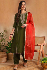 Olive Silk Blend Solid Embroidered A-Line Salwar Bottom Suit Set PKSKD2664