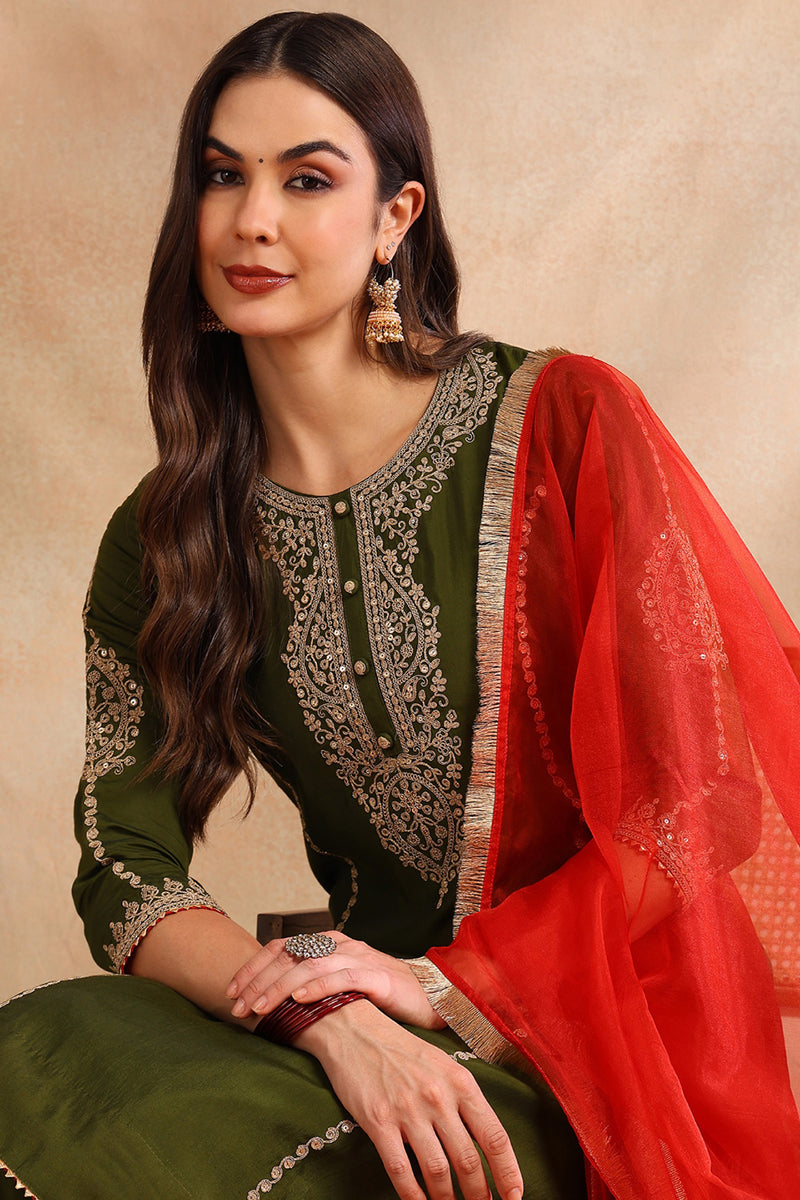 Olive Silk Blend Solid Embroidered A-Line Salwar Bottom Suit Set PKSKD