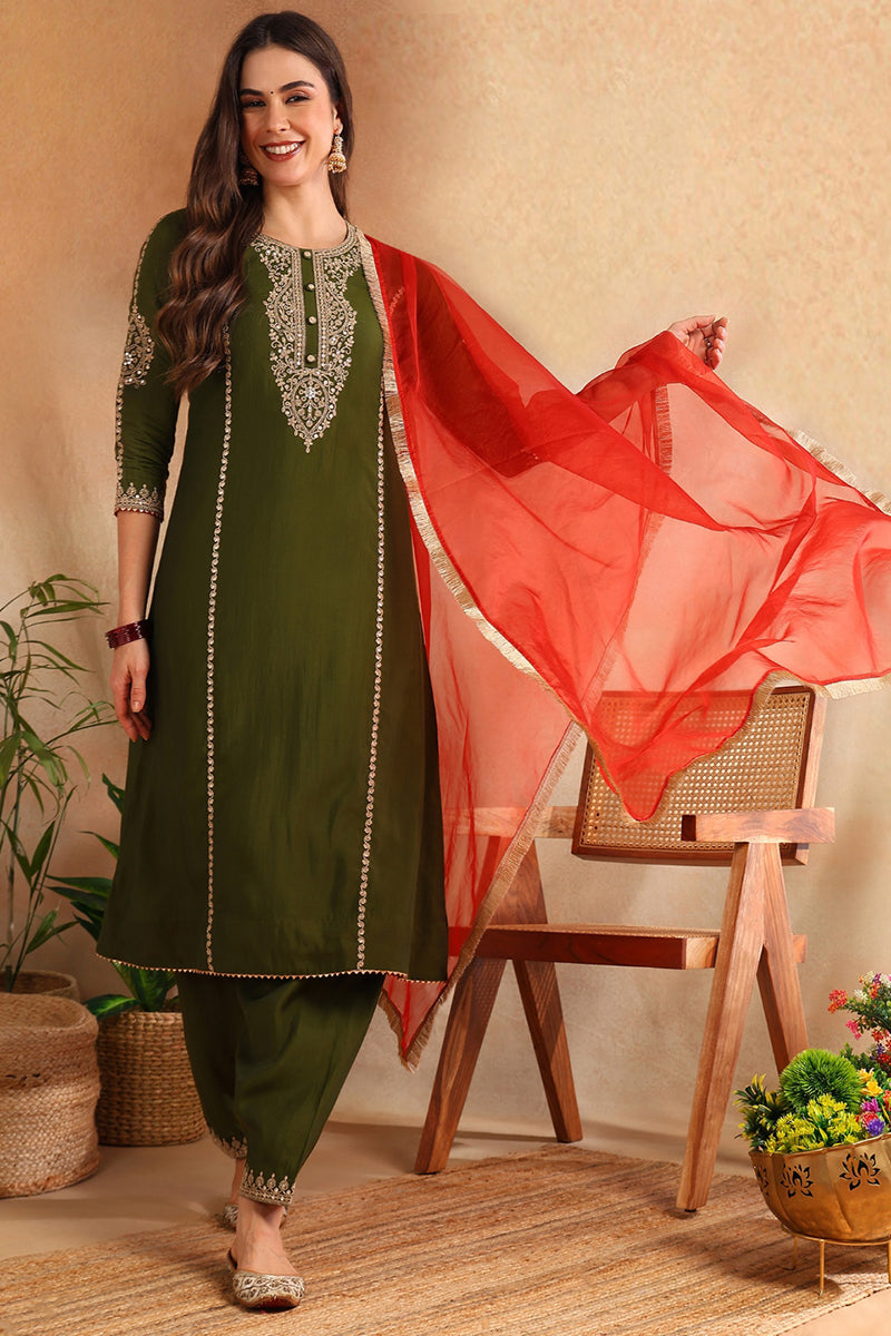 Olive Silk Blend Solid Embroidered A-Line Salwar Bottom Suit Set PKSKD