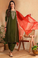 Olive Silk Blend Solid Embroidered A-Line Salwar Bottom Suit Set PKSKD2664