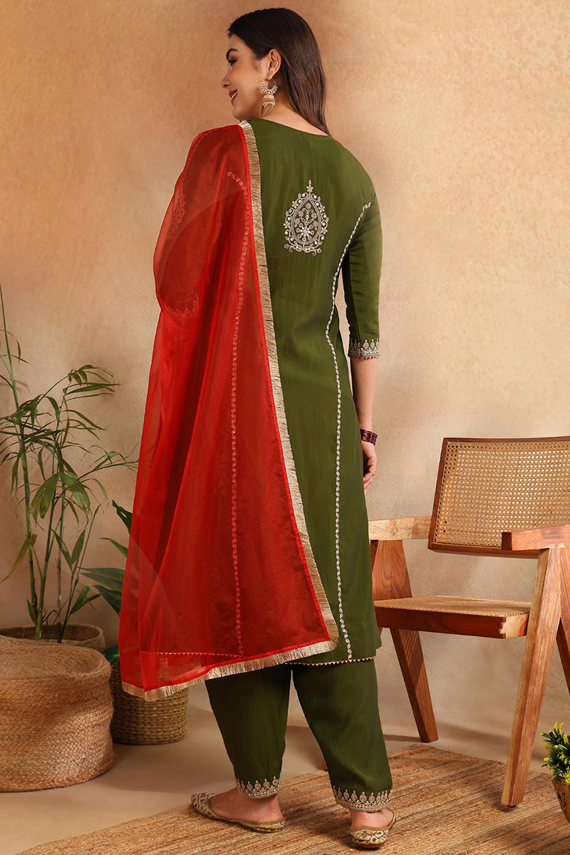 Olive Silk Blend Solid Embroidered A-Line Salwar Bottom Suit Set PKSKD