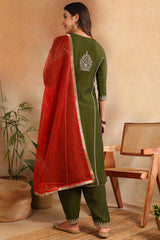 Olive Silk Blend Solid Embroidered A-Line Salwar Bottom Suit Set PKSKD2664