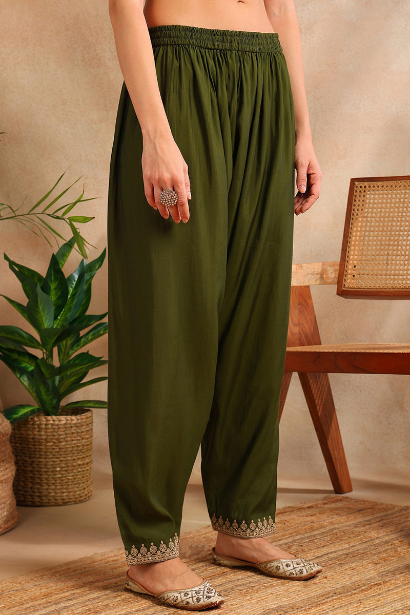 Olive Silk Blend Solid Embroidered A-Line Salwar Bottom Suit Set PKSKD