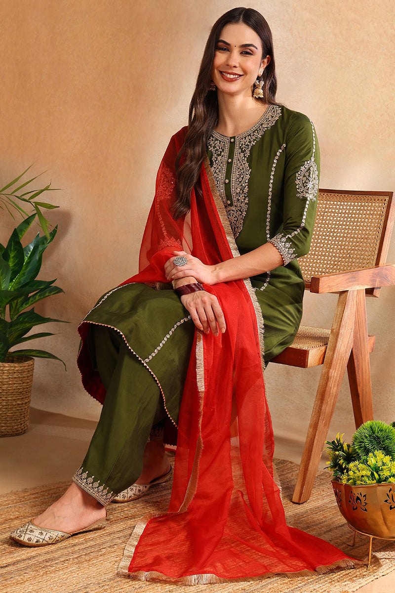 Olive Silk Blend Solid Embroidered A-Line Salwar Bottom Suit Set PKSKD