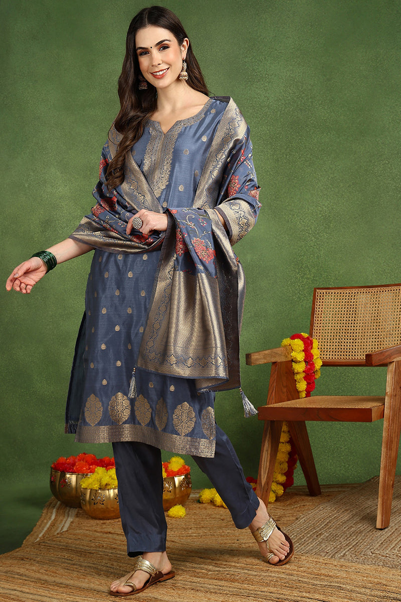 Blue Chanderi Solid Woven Design Straight Suit Set With Trouser Bottom