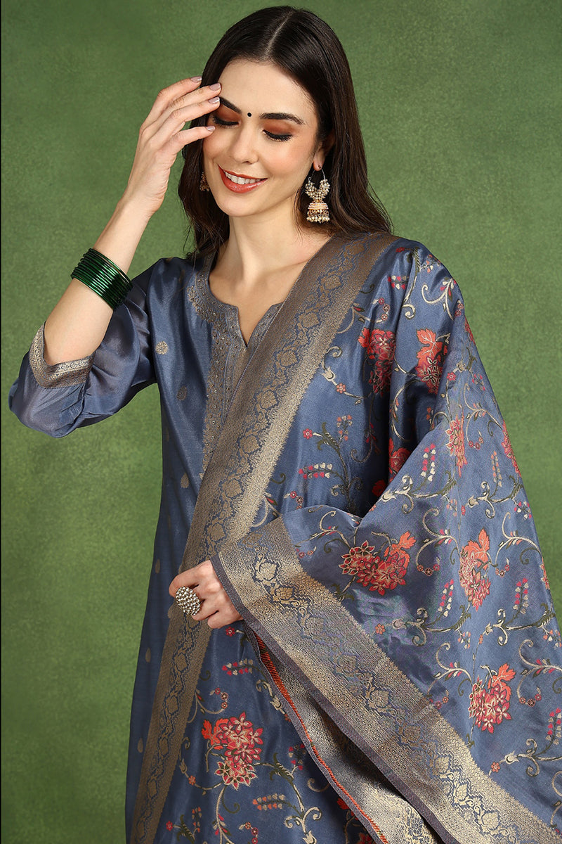 Blue Chanderi Solid Woven Design Straight Suit Set With Trouser Bottom