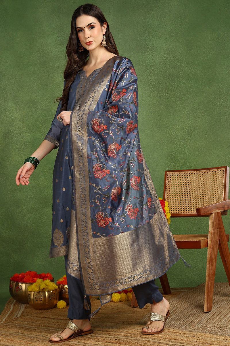 Blue Chanderi Solid Woven Design Straight Suit Set With Trouser Bottom