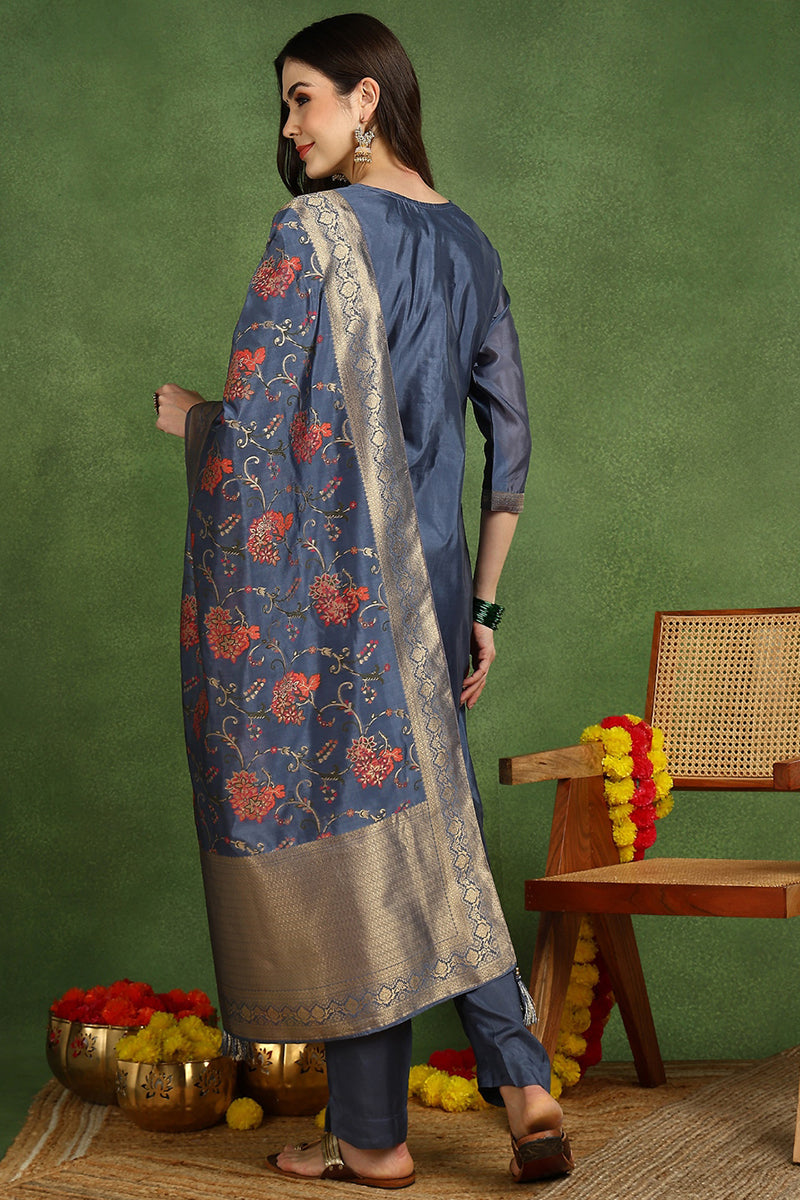 Blue Chanderi Solid Woven Design Straight Suit Set With Trouser Bottom