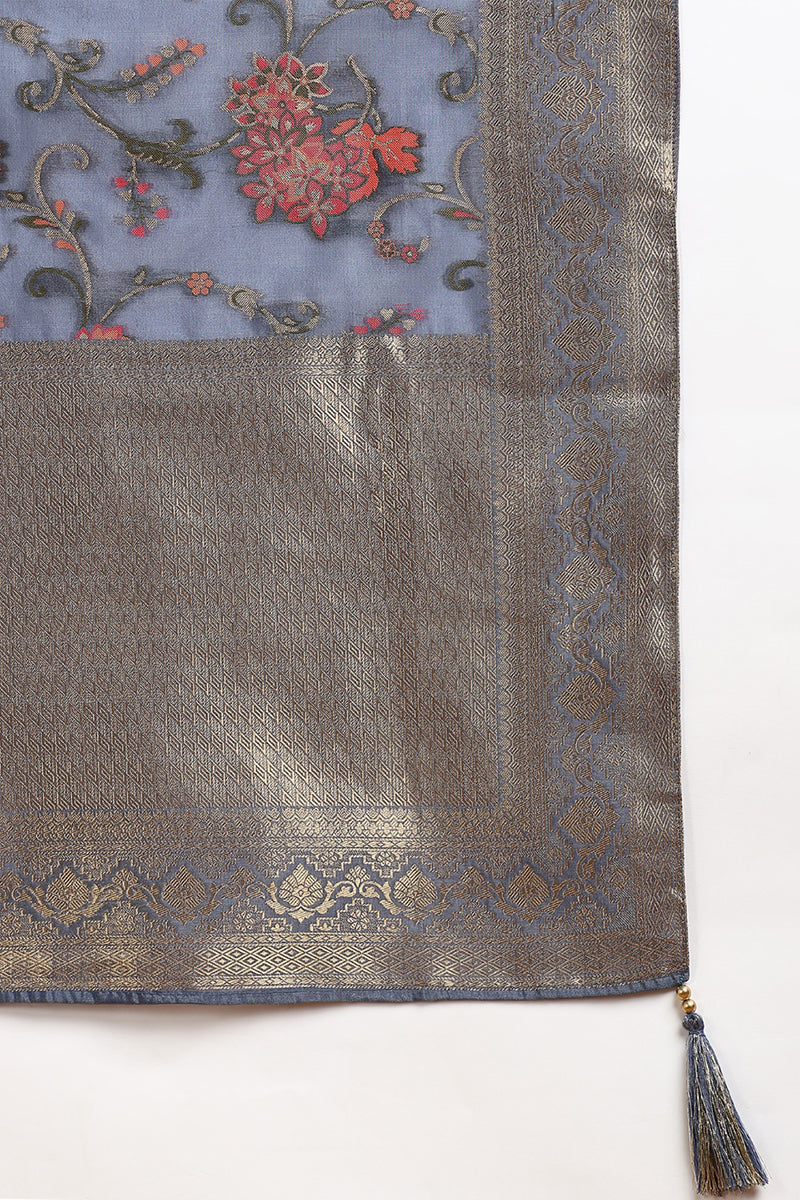 Blue Chanderi Solid Woven Design Straight Suit Set With Trouser Bottom