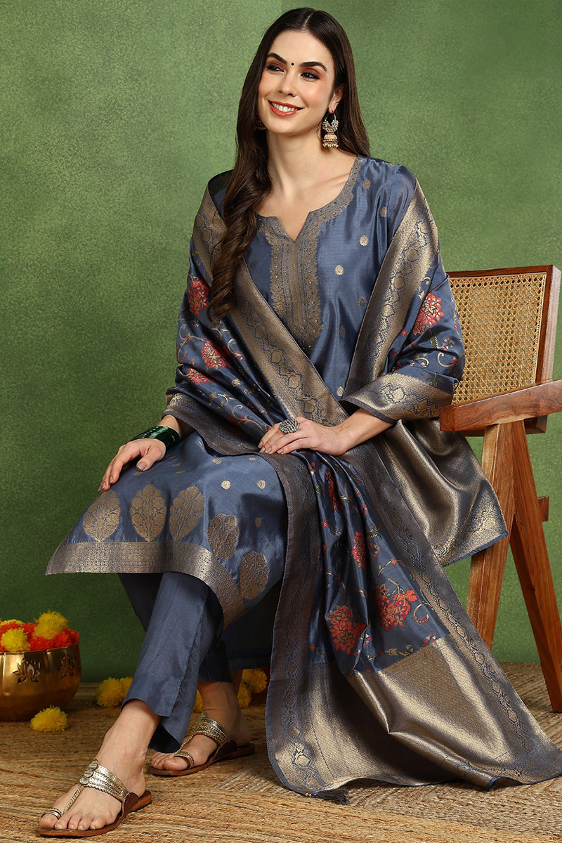 Blue Chanderi Solid Woven Design Straight Suit Set With Trouser Bottom