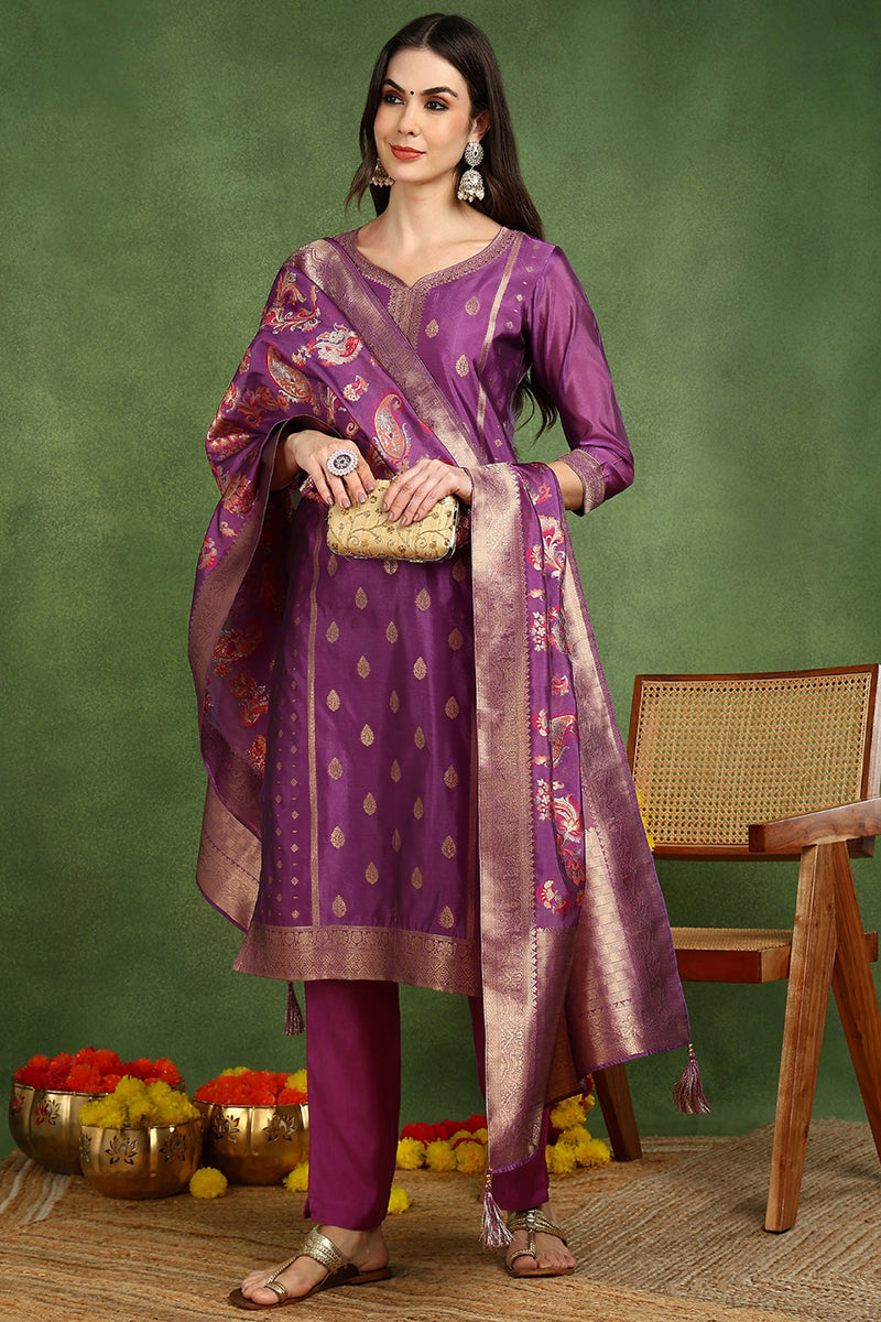 Purple Poly Chanderi Solid Woven Design Straight Suit Set PKSKD2678 | 