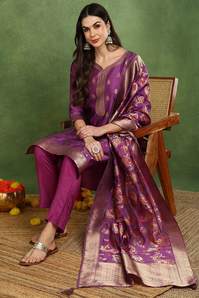 Purple Poly Chanderi Solid Woven Design Straight Suit Set PKSKD2678 | 