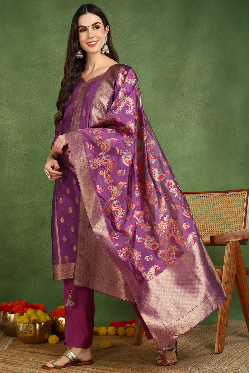 Purple Poly Chanderi Solid Woven Design Straight Suit Set PKSKD2678 | 