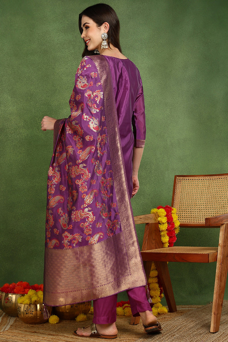 Purple Poly Chanderi Solid Woven Design Straight Suit Set PKSKD2678 | 