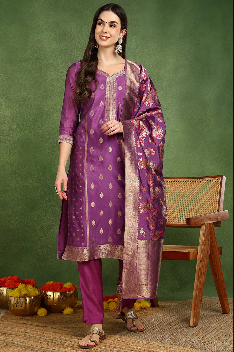 Purple Poly Chanderi Solid Woven Design Straight Suit Set PKSKD2678 | 