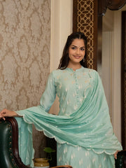 Women Sea Green Silk Blend Solid Embroidered Straight Kurta Trouser With Dupatta-PKSKD2686
