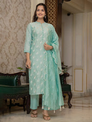 Women Sea Green Silk Blend Solid Embroidered Straight Kurta Trouser With Dupatta-PKSKD2686