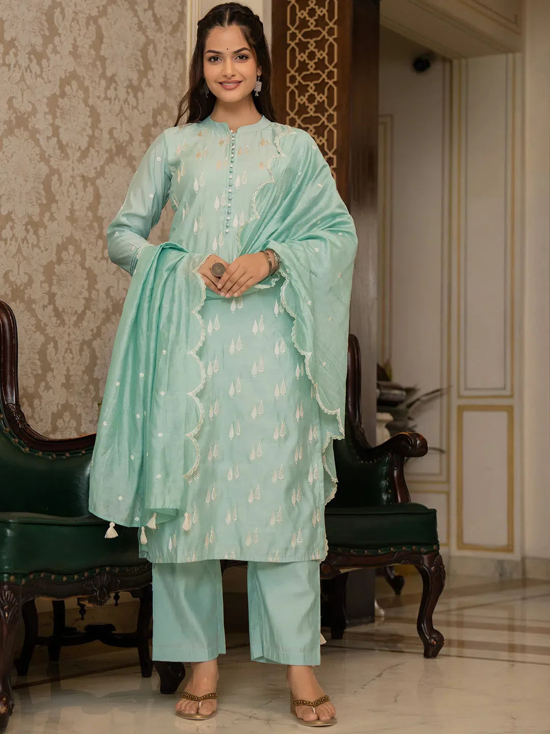 Sea Green Embroidered Kurta Set with Dupatta | Women's Kurta Sets