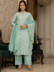 Women Sea Green Silk Blend Solid Embroidered Straight Kurta Trouser With Dupatta-PKSKD2686