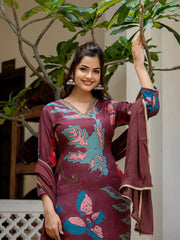 Women Brown Polyester Abstract Printed Straight Kurta Trouser With Dupatta-PKSKD2689