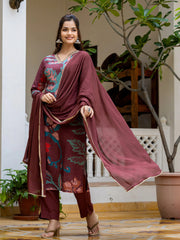 Women Brown Polyester Abstract Printed Straight Kurta Trouser With Dupatta-PKSKD2689