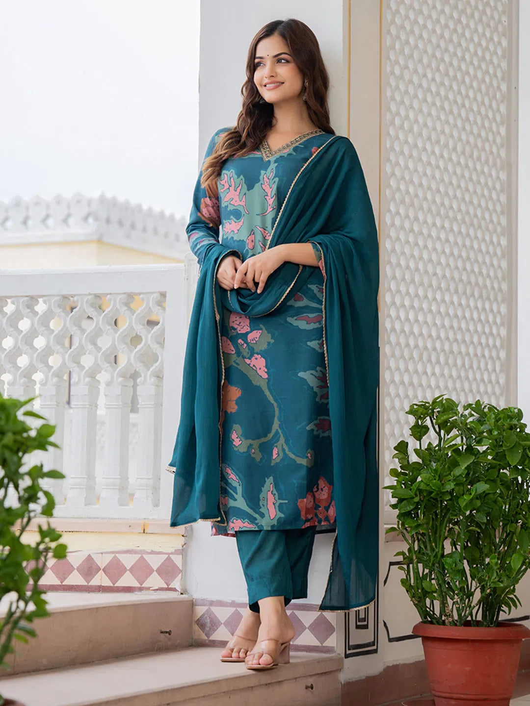 Teal Abstract Kurta Set with Dupatta | Women's Indian Kurta Sets