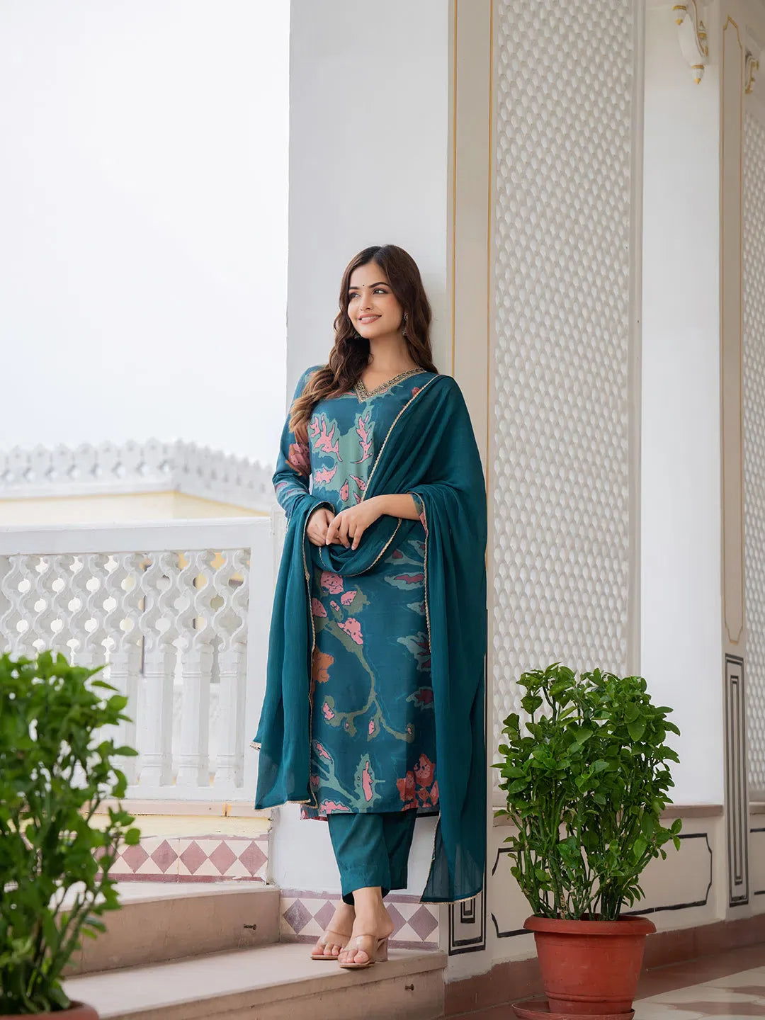 Teal Abstract Kurta Set with Dupatta | Women's Indian Kurta Sets
