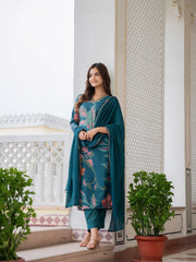 Women Teal Polyester Abstract Printed Straight Kurta Trouser With Dupatta-PKSKD2690