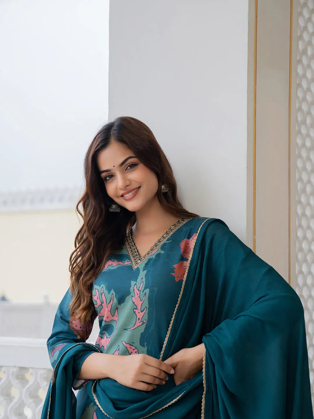 Teal Abstract Kurta Set with Dupatta | Women's Indian Kurta Sets