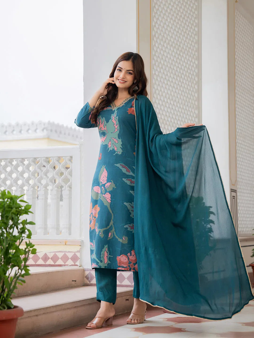 Teal Abstract Kurta Set with Dupatta | Women's Indian Kurta Sets