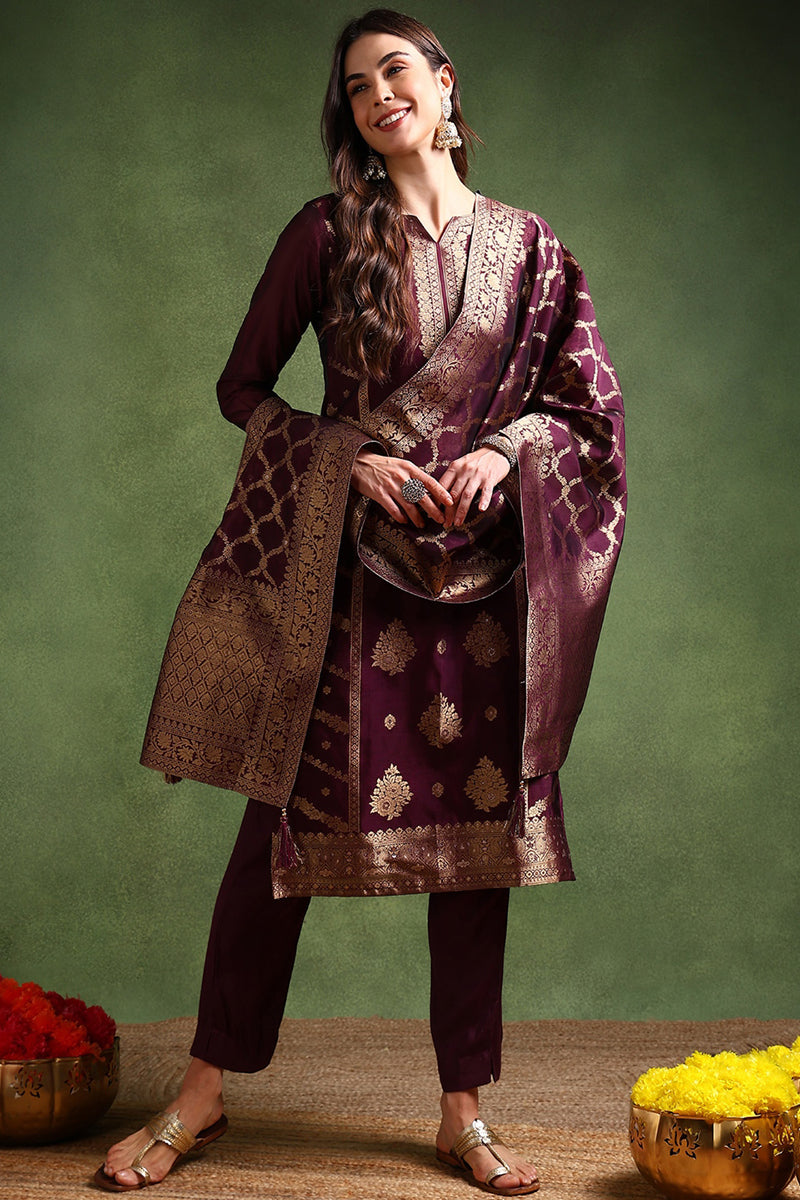 Dark Wine Chanderi Silk Woven Design Straight Trouser Suit Set PKSKD26