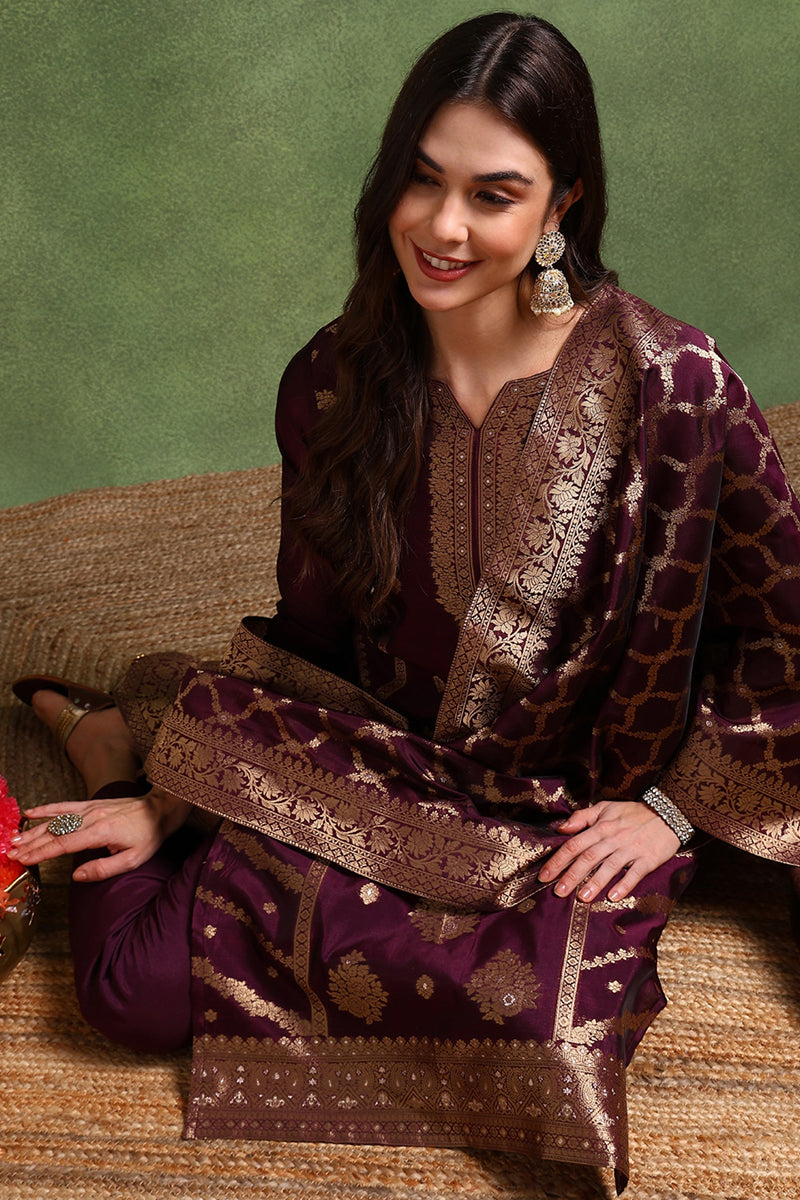 Dark Wine Chanderi Silk Woven Design Straight Trouser Suit Set PKSKD26